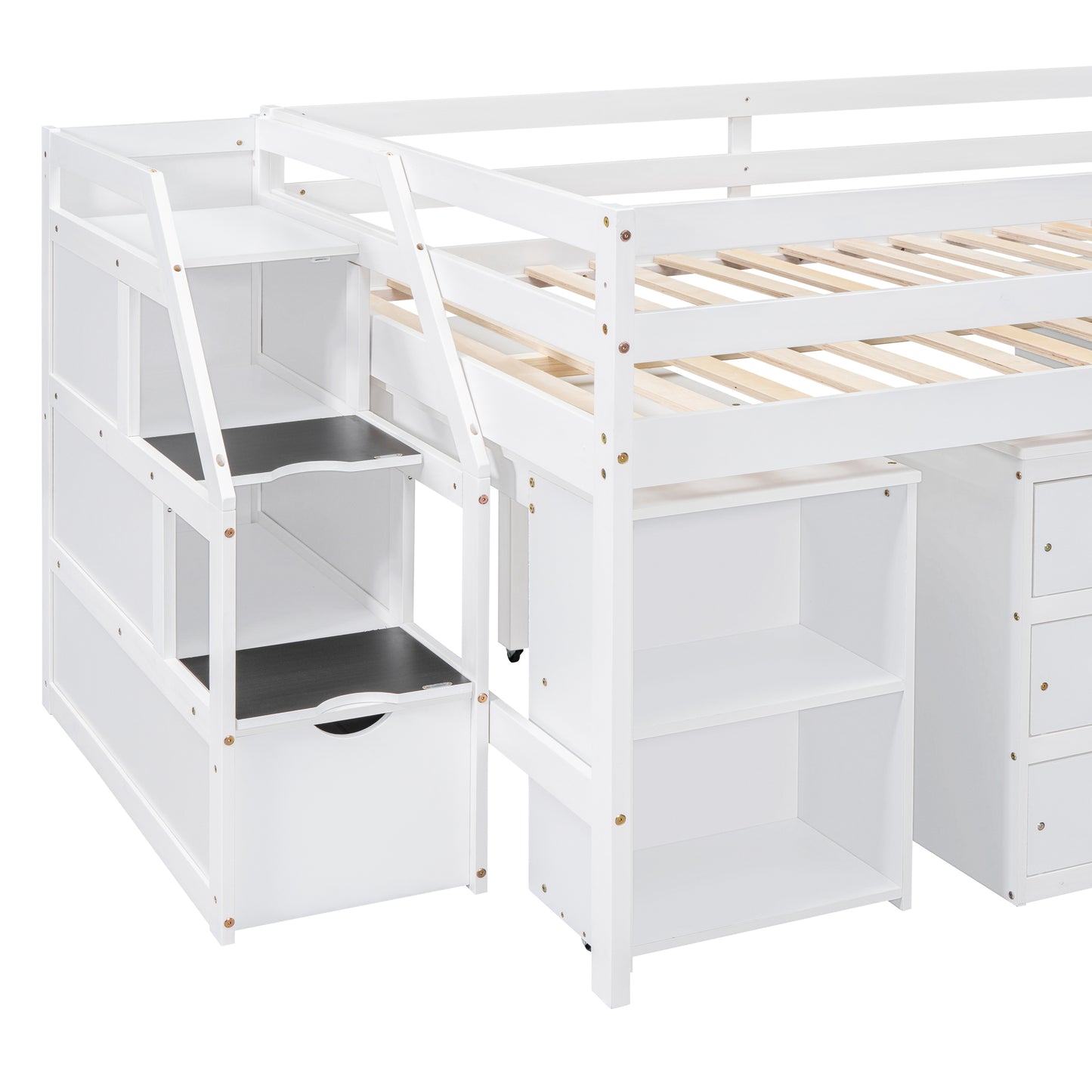 Full Size Loft Bed with Retractable Writing Desk and 3 Drawers, Wooden Loft Bed with Storage Stairs and Shelves, White