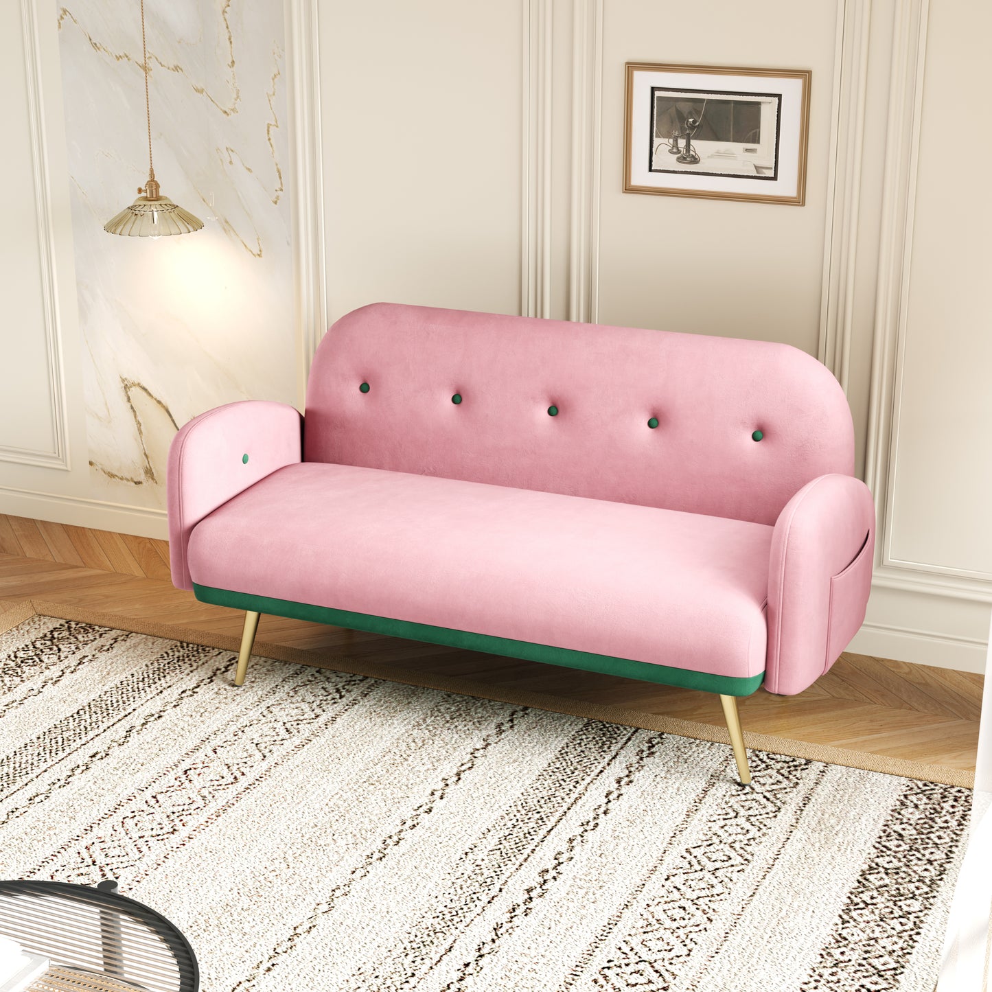 58 Pink Velvet Sofa with 2 Pillows for Small Spaces