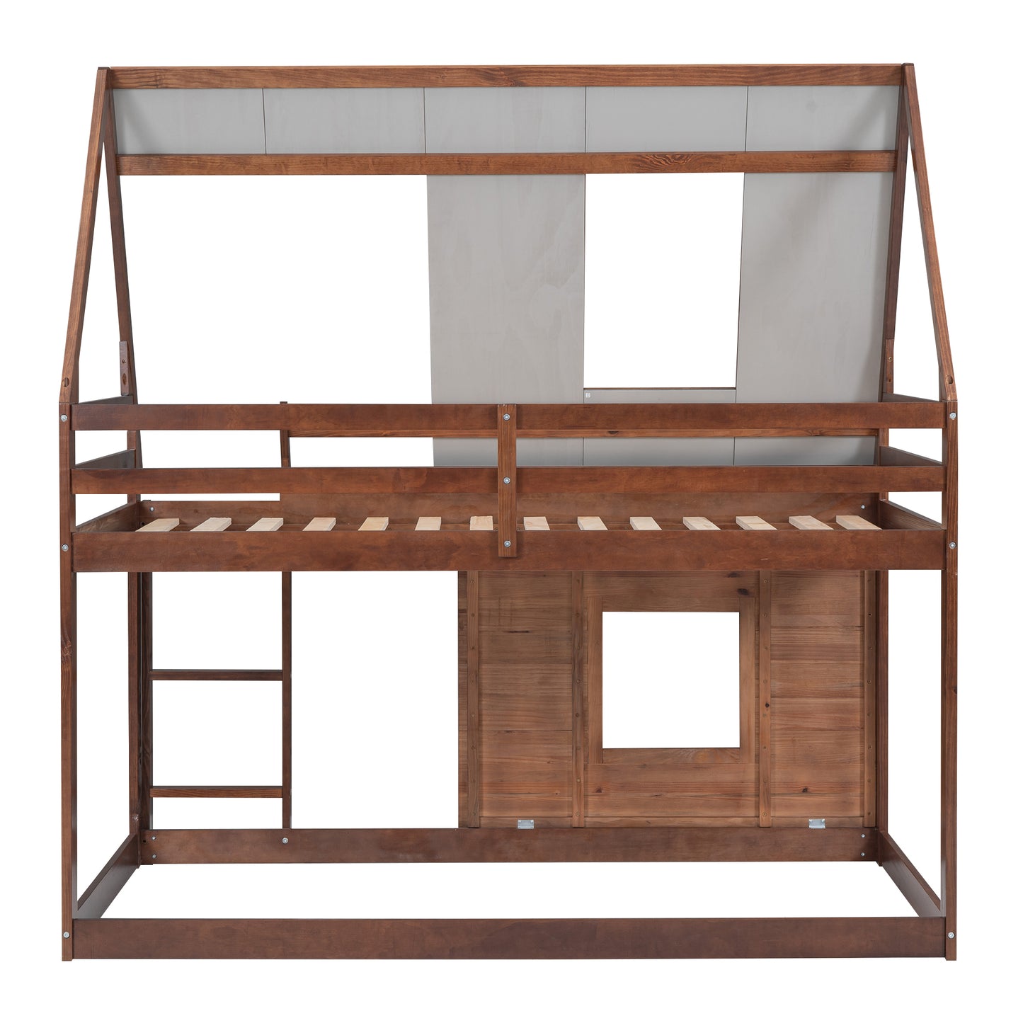 Cozy Rustic Oak and Smoky Grey House Bunk Bed with Roof, Ladder, and Windows for Kids