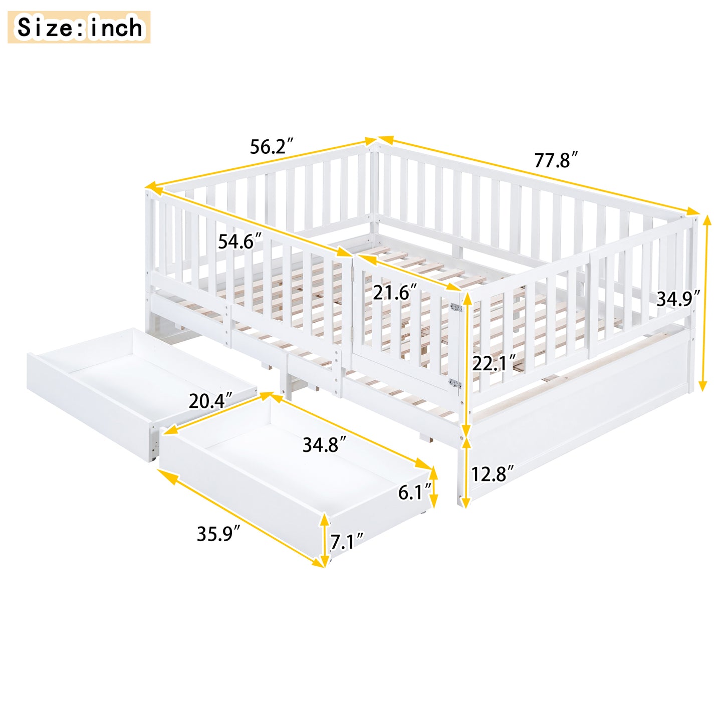 Full Size Wood Daybed with Fence Guardrails and 2 Drawers, Split into Independent Floor Bed & Daybed, White