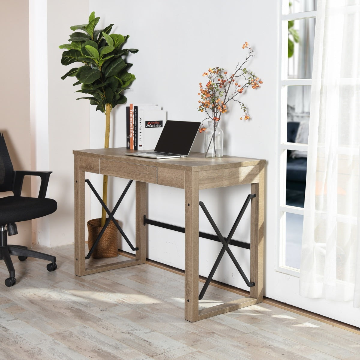 Sturdy Industrial Computer Desk with Drawer - Natural Wood Finish, 44.1 x 20.1 x 30.1