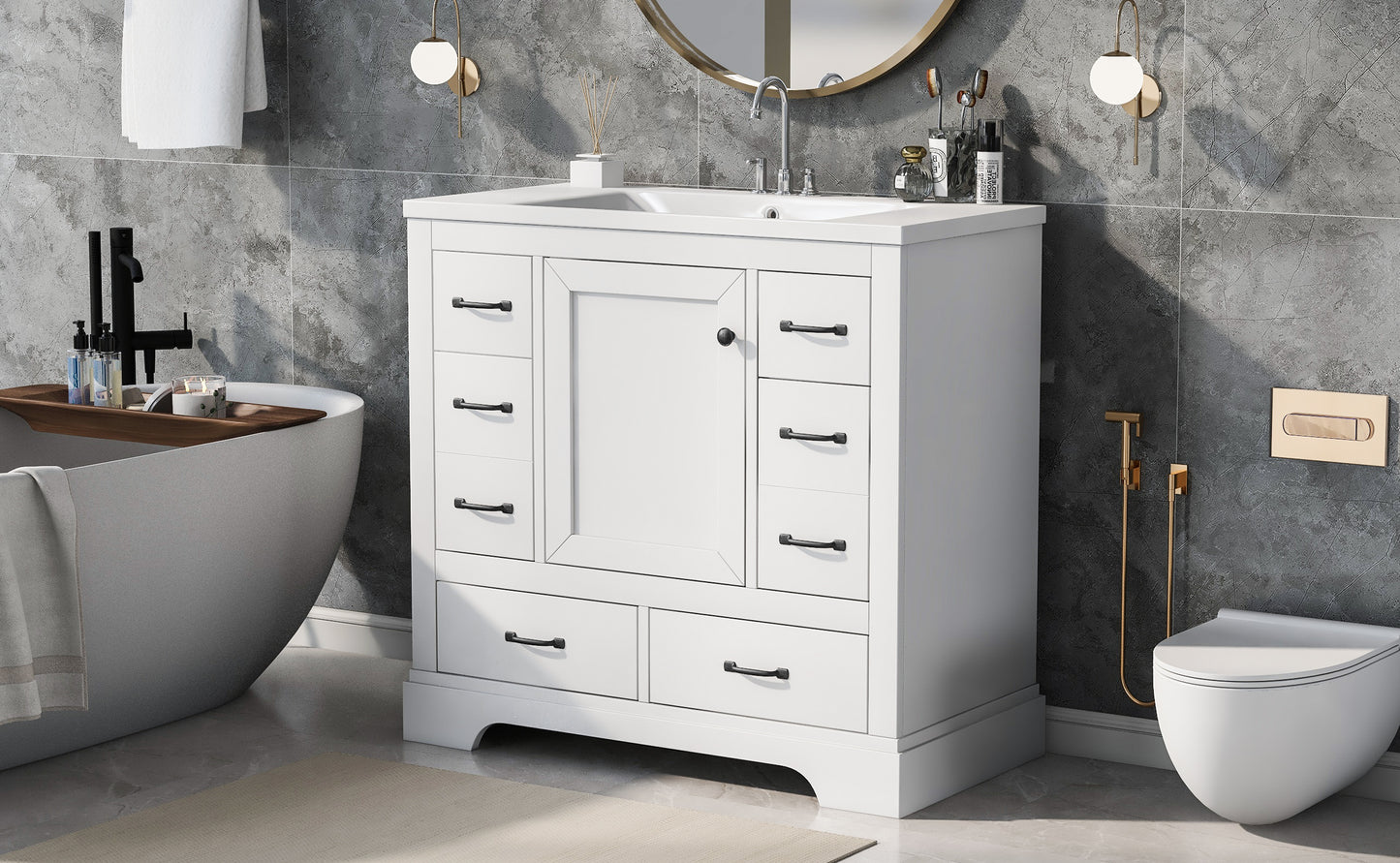 36" Bathroom Vanity with Sink Combo, Six Drawers, Multi-Functional Drawer Divider, Adjustable Shelf, White