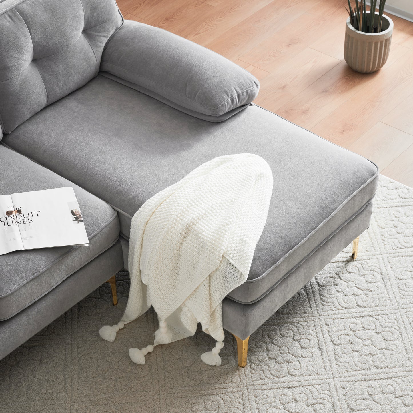 Modern Velvet L-Shaped Sectional Sofa in Light Grey