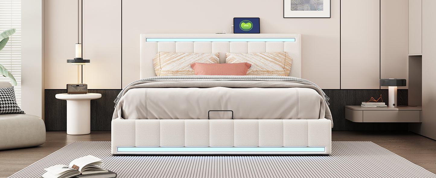 Queen Size Upholstered Platform Bed with Hydraulic Storage System, LED Light, and a set of USB Ports and Sockets, Linen Fabric, Beige