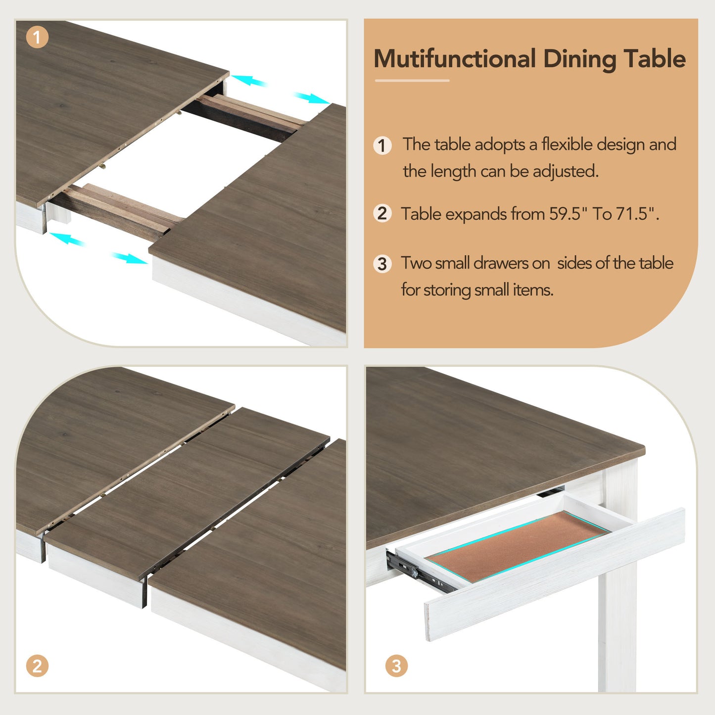 TREXM 7-Piece Wooden Dining Table Set Mutifunctional Extendable Table with 12" Leaf and 2 Drawers, 6 Dining Chairs with Soft Cushion (Brown + White)