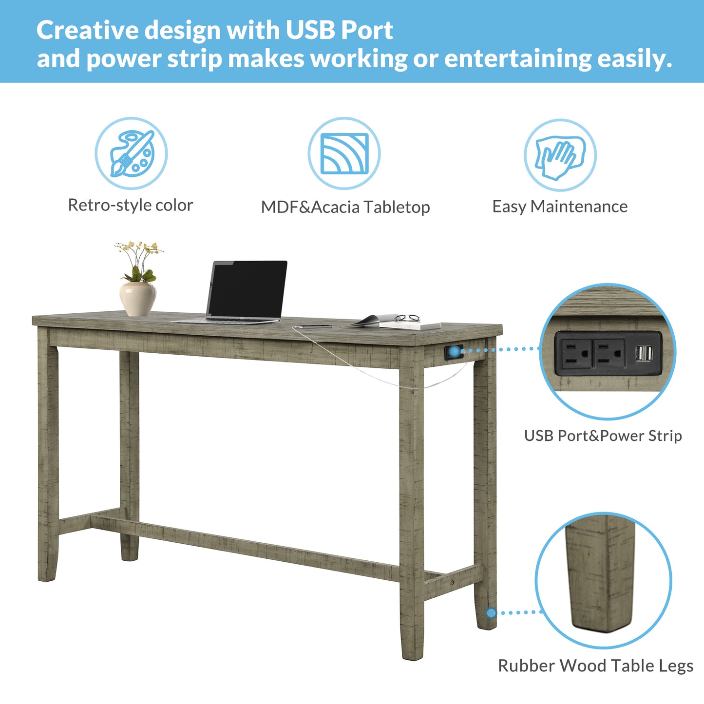 4 Pieces Counter Height Table with Fabric Padded Stools,Rustic Bar Dining Set with Socket,Gray Green