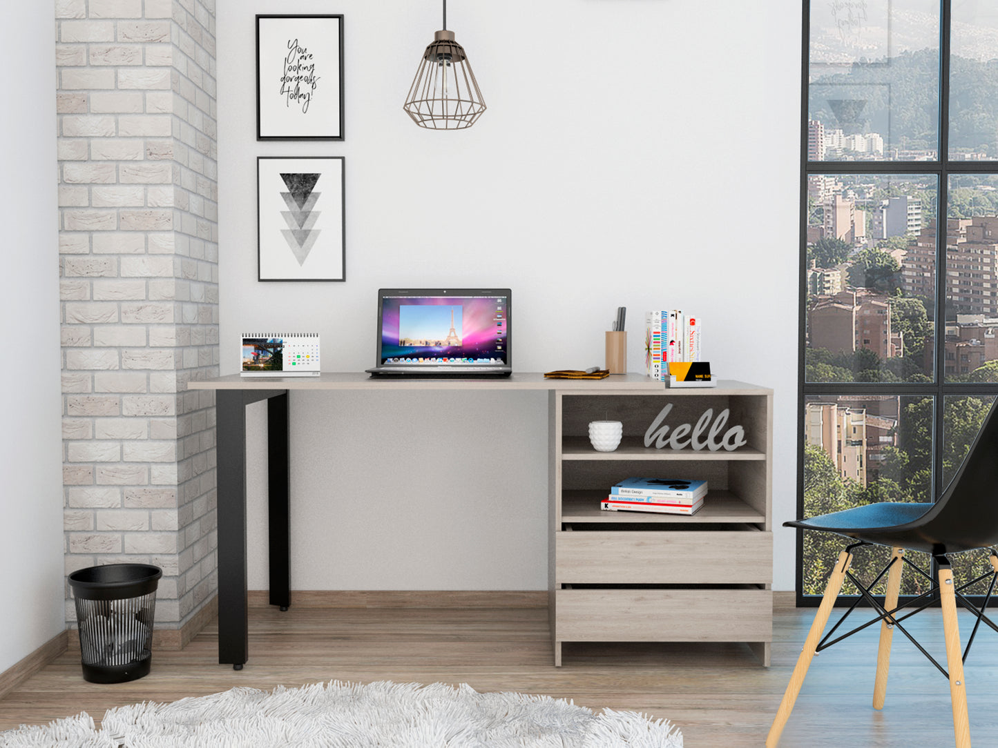 Cusco Light Gray Office Desk with Storage and Metal Legs