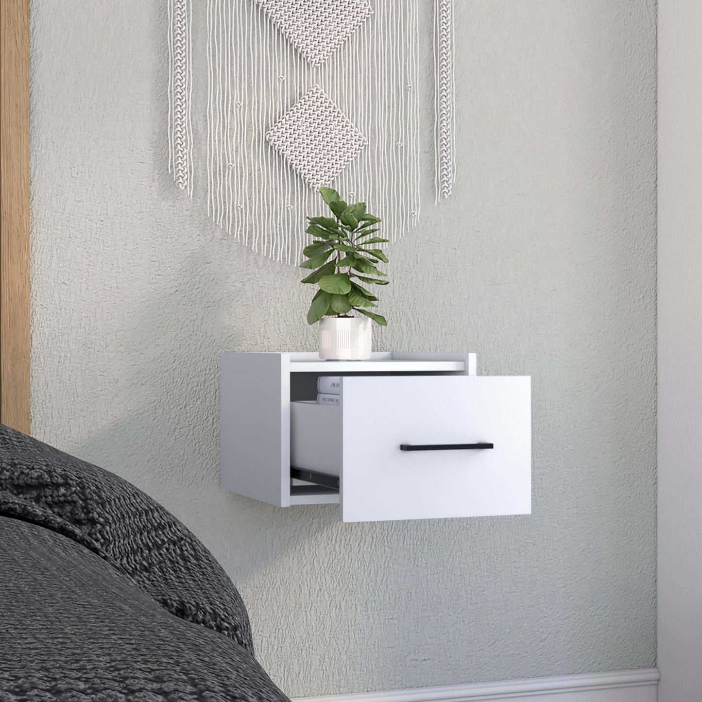 Boa Floating Nightstand, Wall-Mounted Single Drawer Design with Handle- White - Bedroom