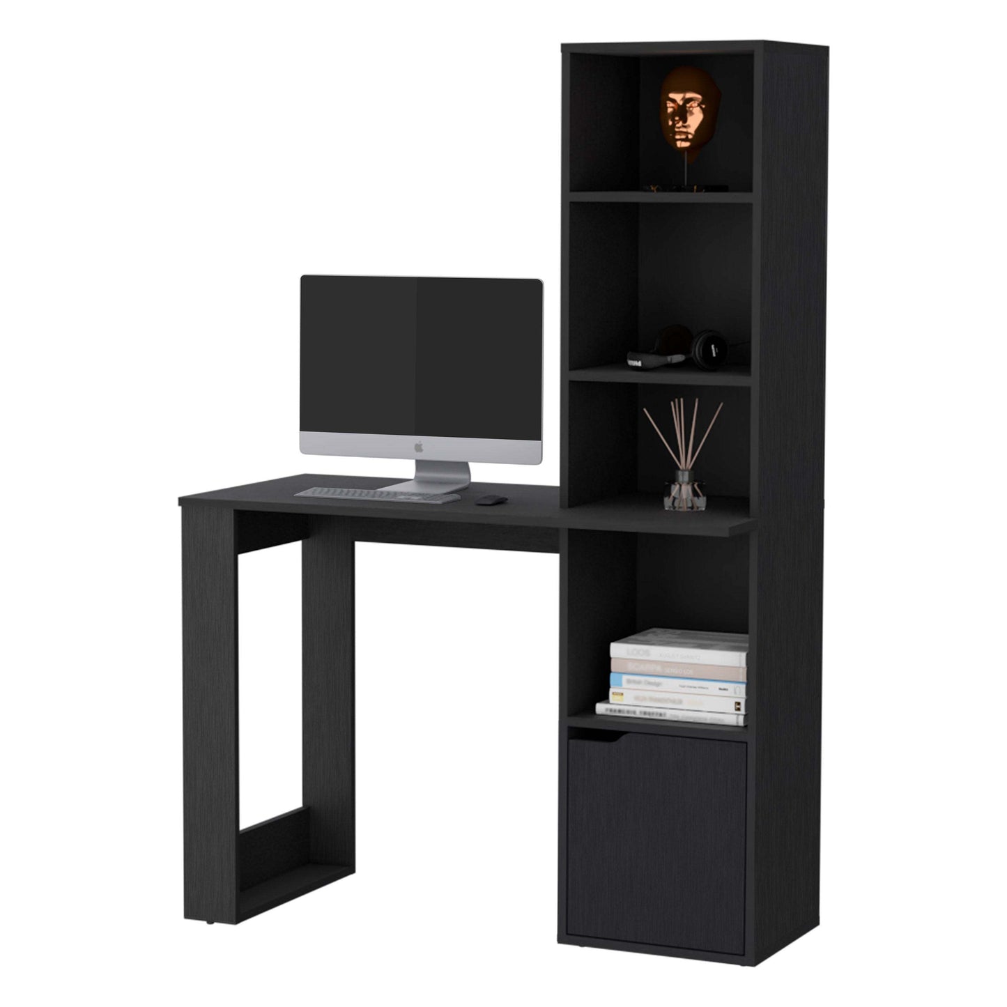 Modern Black Computer Desk with 4-Tier Bookcase and Cabinet