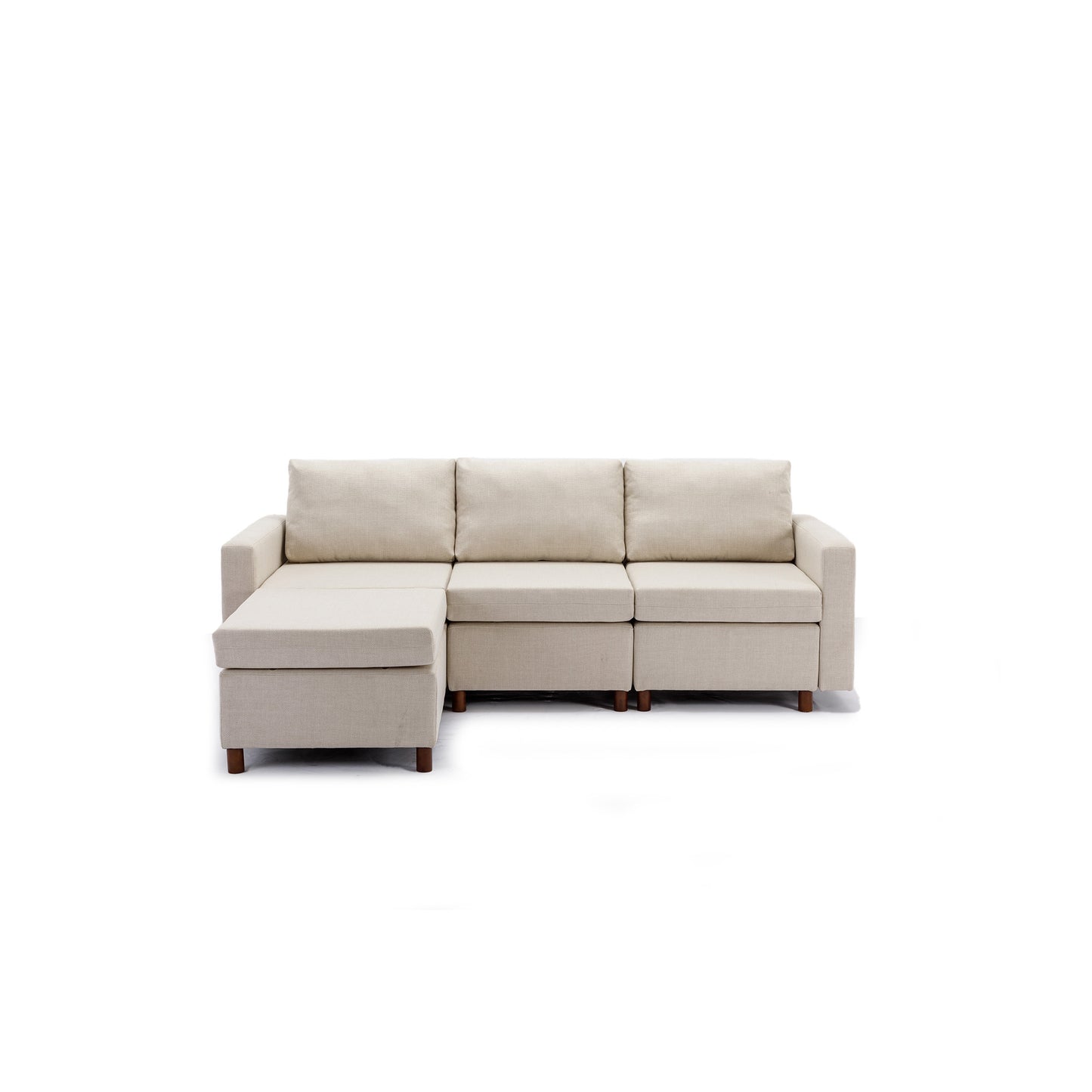 Cream 3-Seat Sectional Sofa Couch with Ottoman, High Quality Linen Cover, Sturdy Wood Frame