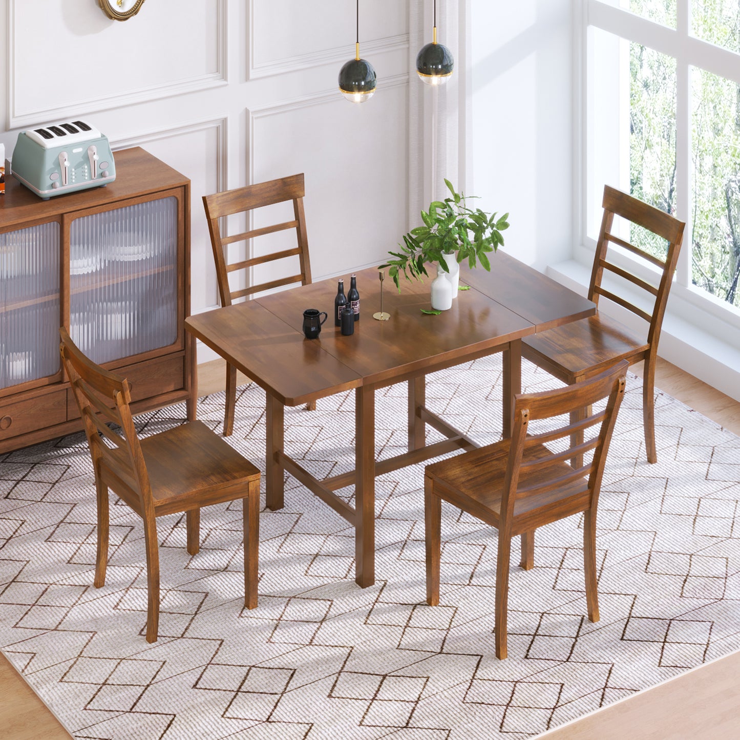 5-Piece Wood Square Drop Leaf Breakfast Nook Extendable Dining Table Set with 4 Ladder Back Chairs for Small Places, Brown