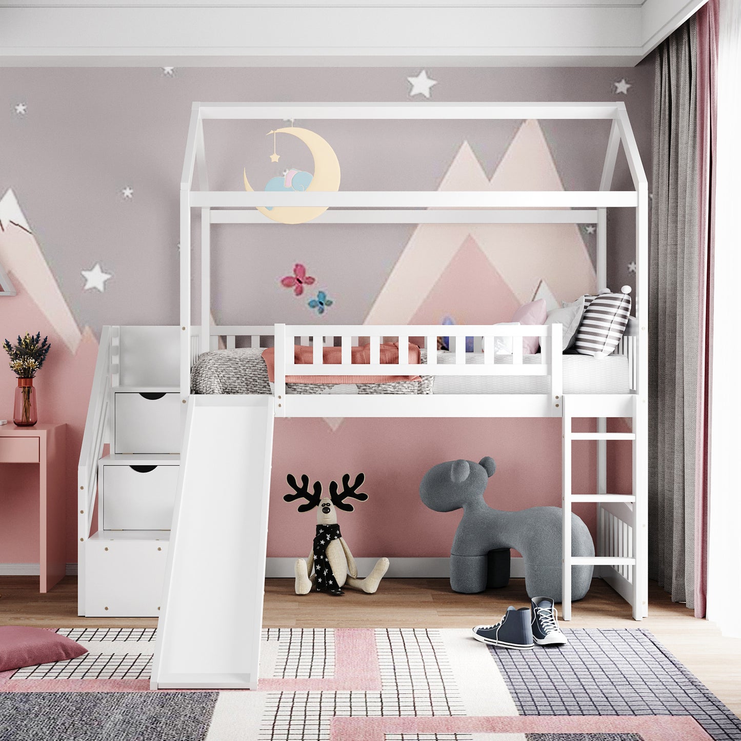 Twin Loft Bed with Two Drawers and Slide, House Bed with Slide, White