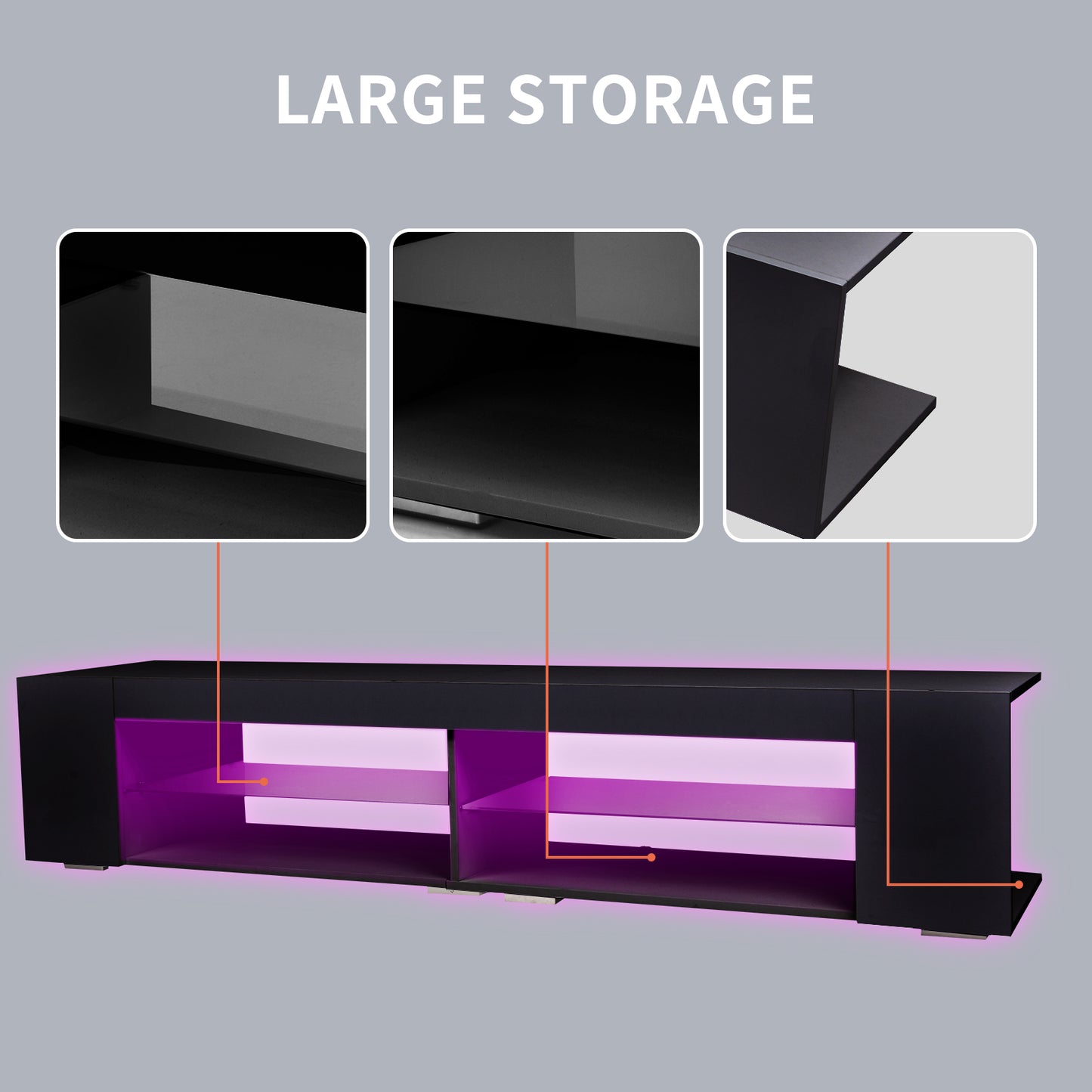 Modern High Gloss LED TV Stand with RGB Remote Control and Storage System