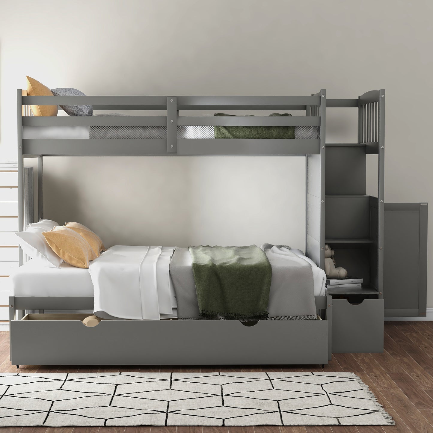 Storage Solution Gray Twin over Full Bunk Bed with Shelves and Drawers