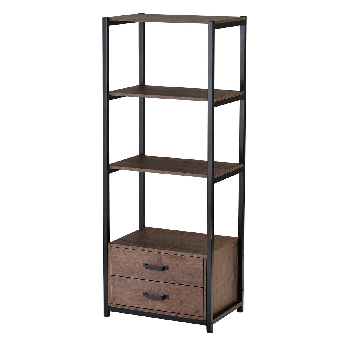 Home Office 4-Tier Bookshelf, Simple Industrial Bookcase Standing Shelf Unit Storage Organizer with 4 Open Storage Shelves and Two Drawers, Brown