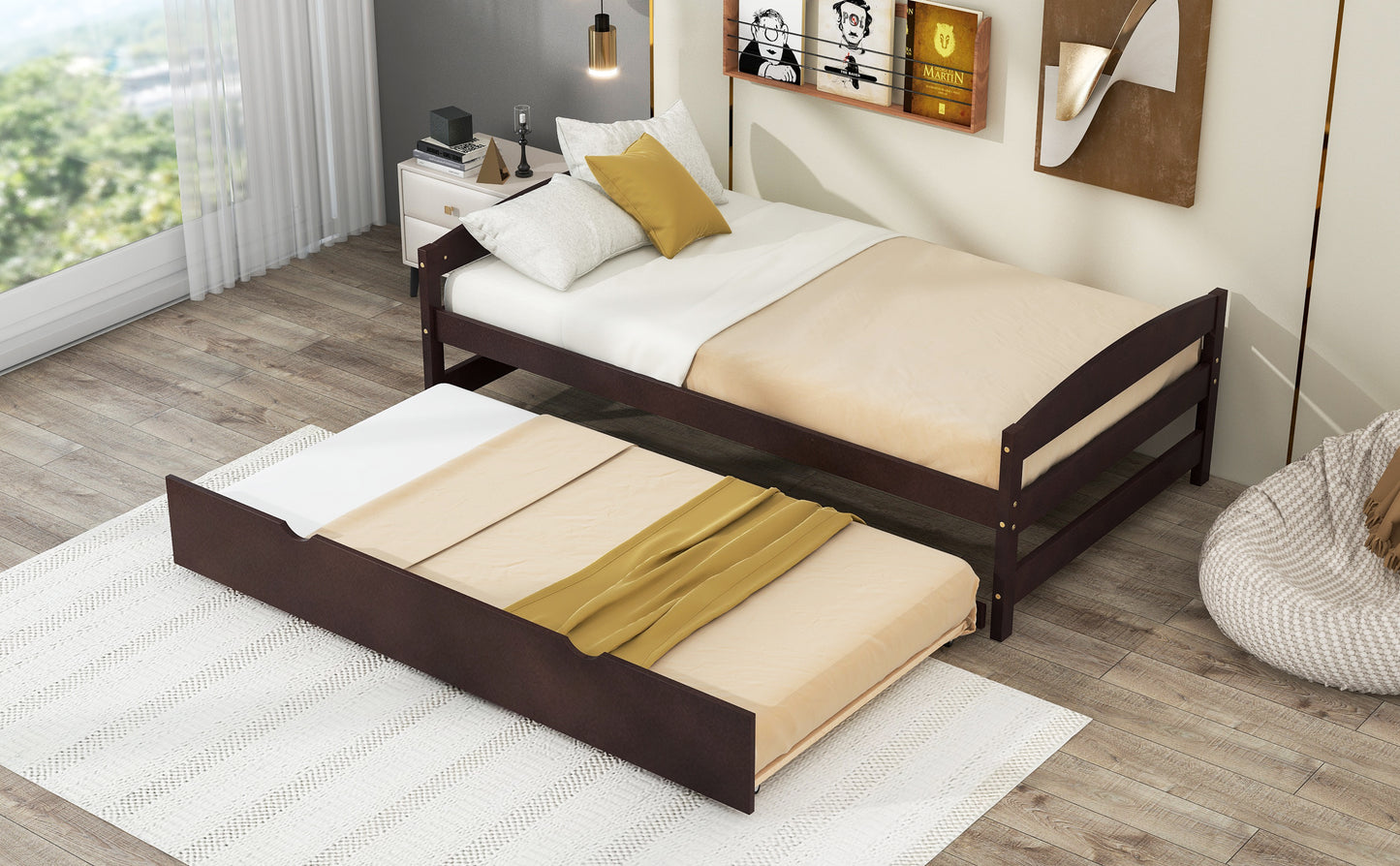 Twin Size Platform Bed with Twin Size Trundle, Espresso(Expected Arrival Time: 1.7)