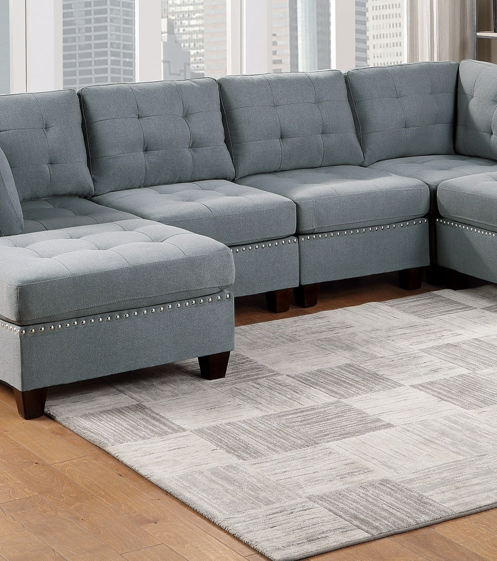 6-Piece Gray Modular Sectional Living Room Furniture Set with Tufted Nailhead Details