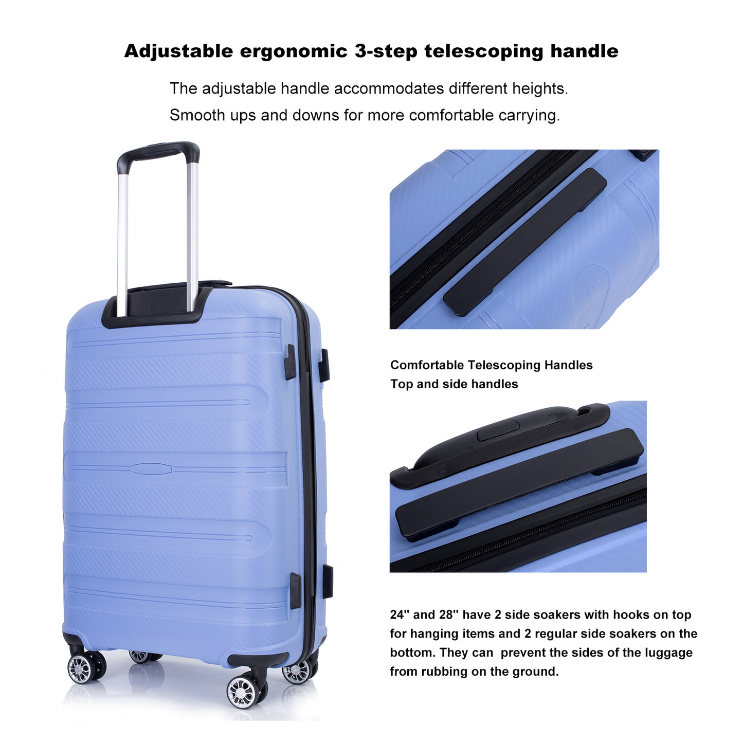 Hardshell Suitcase Spinner Wheels PP Luggage Sets Lightweight Durable Suitcase with TSA Lock,3-Piece Set (20/24/28) ,Purplish Blue