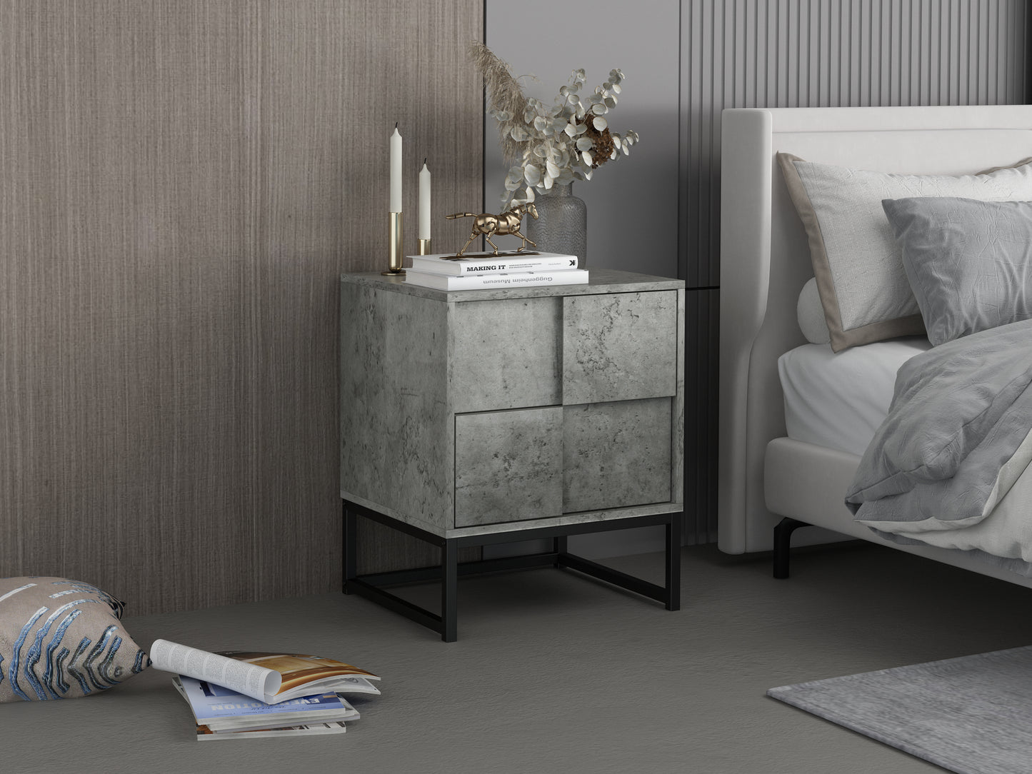 2 Drawer Nightstand,geometric elements,cement grey,for bedroom, living room and study