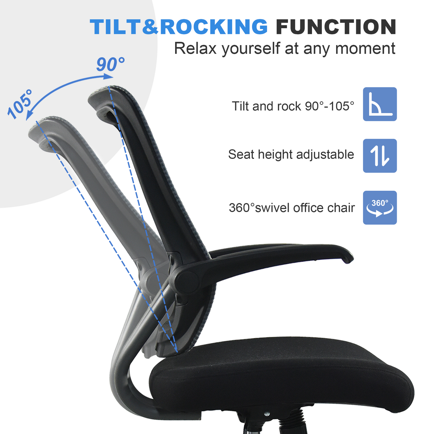 Mid task office chair with flip up arms, tilt angle max to 105 °,300LBS,Black