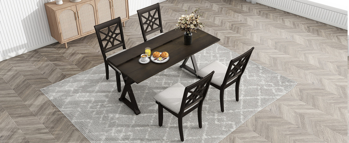 5-Piece 62*35.2inch Extendable Rubber Wood Dining Table Set with X-shape Legs,Console Table with Two 8.8Inch-Wide Flip Lids and Upholstered Dining Chairs ,Dark Walnut