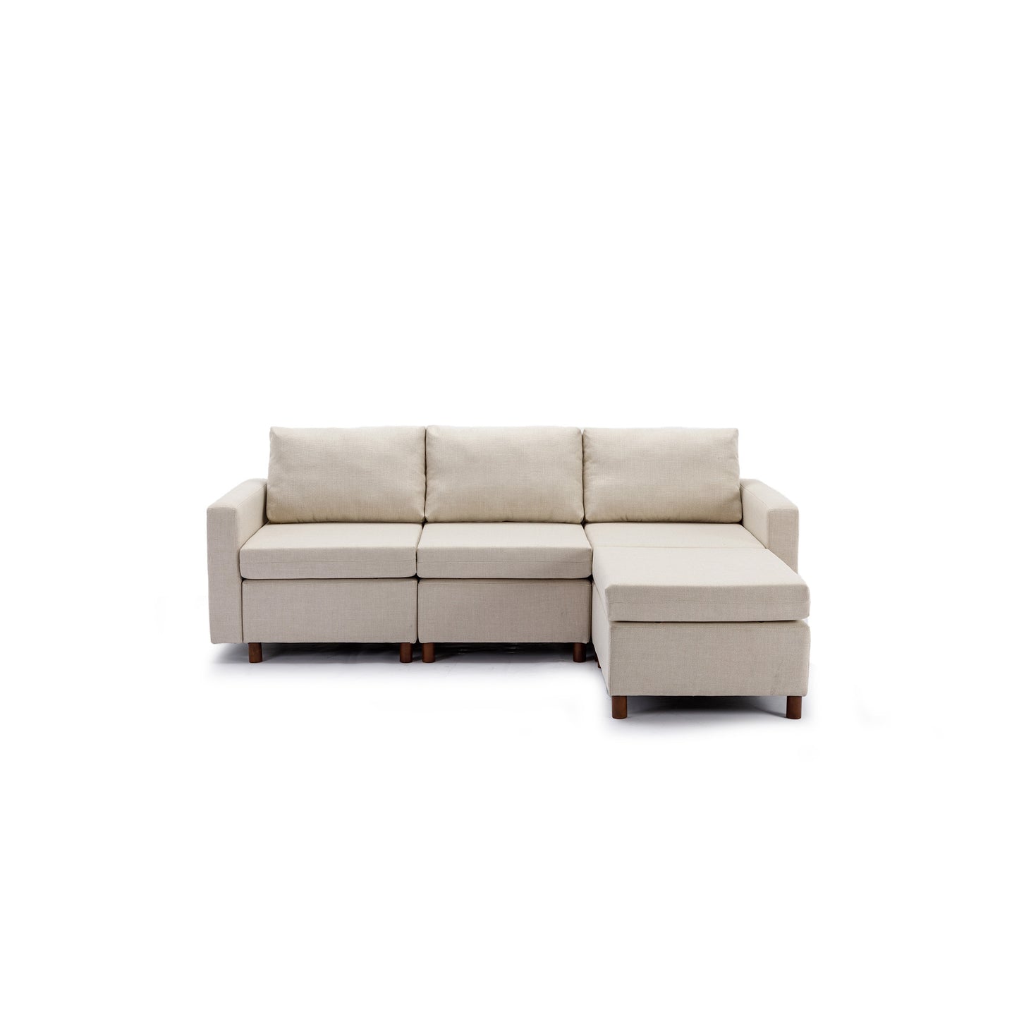 Cream 3-Seat Sectional Sofa Couch with Ottoman, High Quality Linen Cover, Sturdy Wood Frame