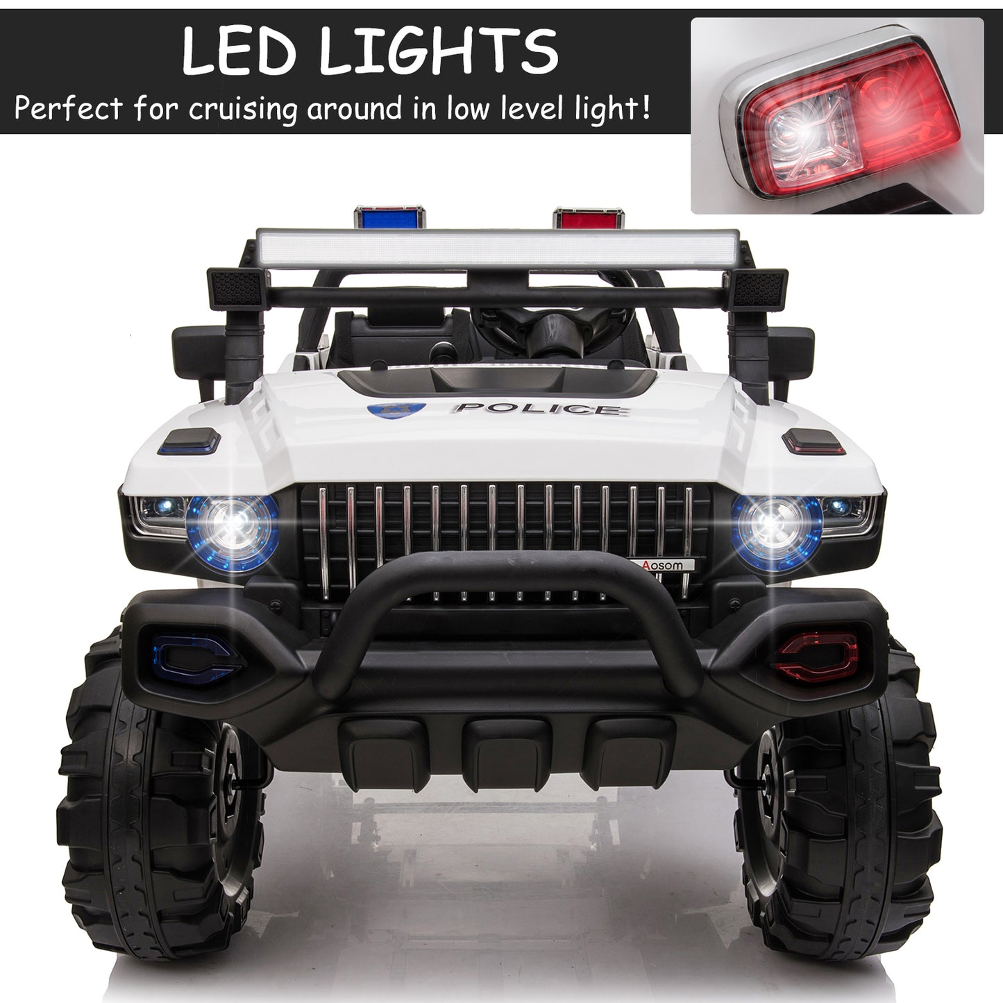 Aosom Big Size 53"L 2-Seater 12V Police Car Ride-on Truck with Remote Control and Siren, Battery-Operated Electric Car for Kids with Suspension, MP3 Player, Lights, Music, Horn, White