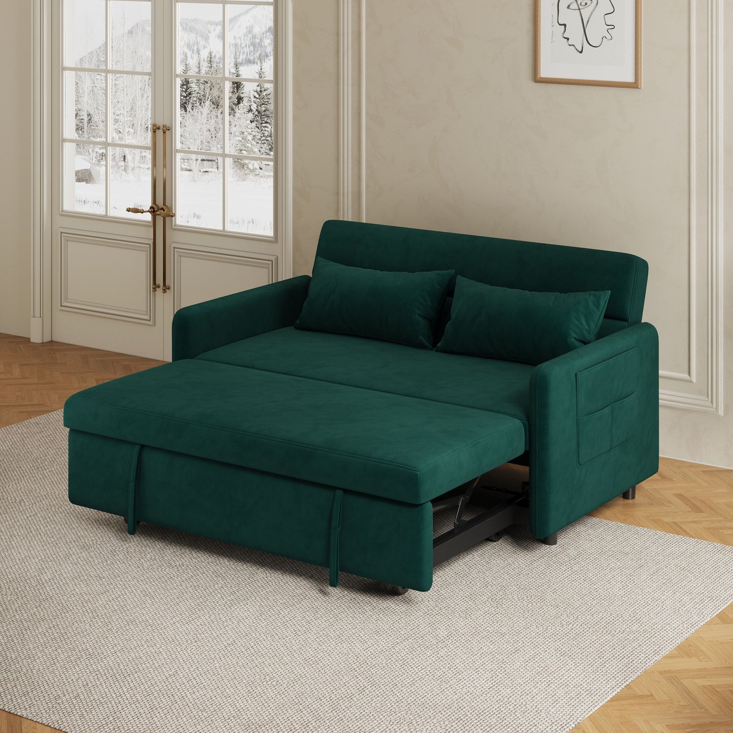 Sofa Pull Out Bed Included Two Pillows 54" Green Velvet Sofa for Small Spaces