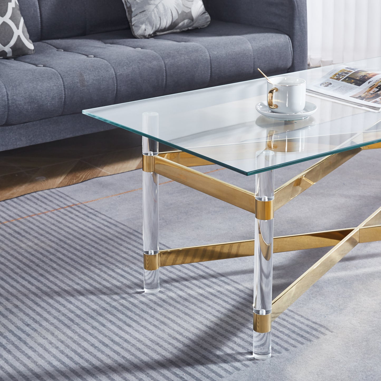 Gold Stainless Steel Coffee Table With Acrylic Frame and Clear Glass Top - Modern American Design (CS-1197)