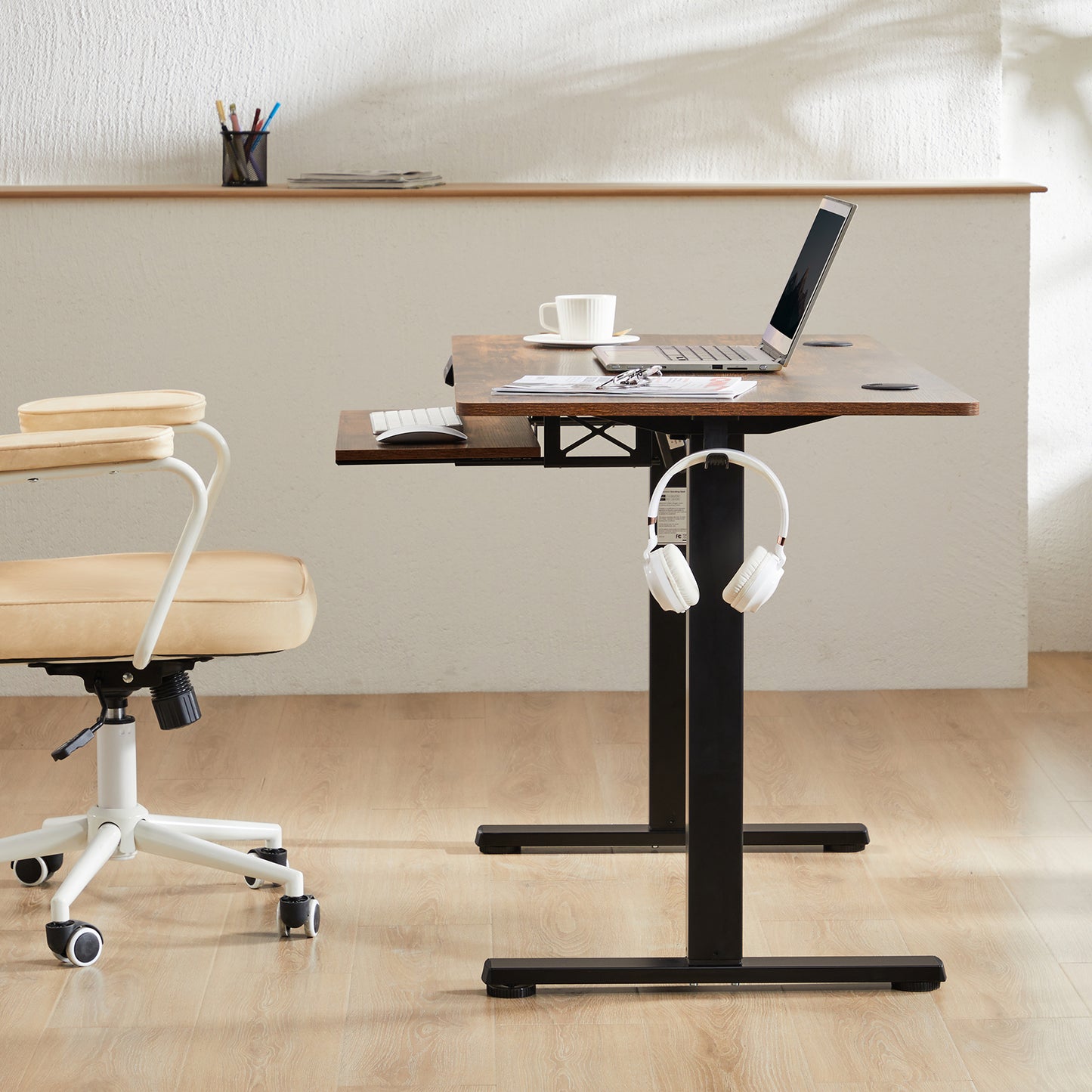 Adjustable Electric Standing Desk with Keyboard Tray - 55 x 24 Inches, Rustic Brown