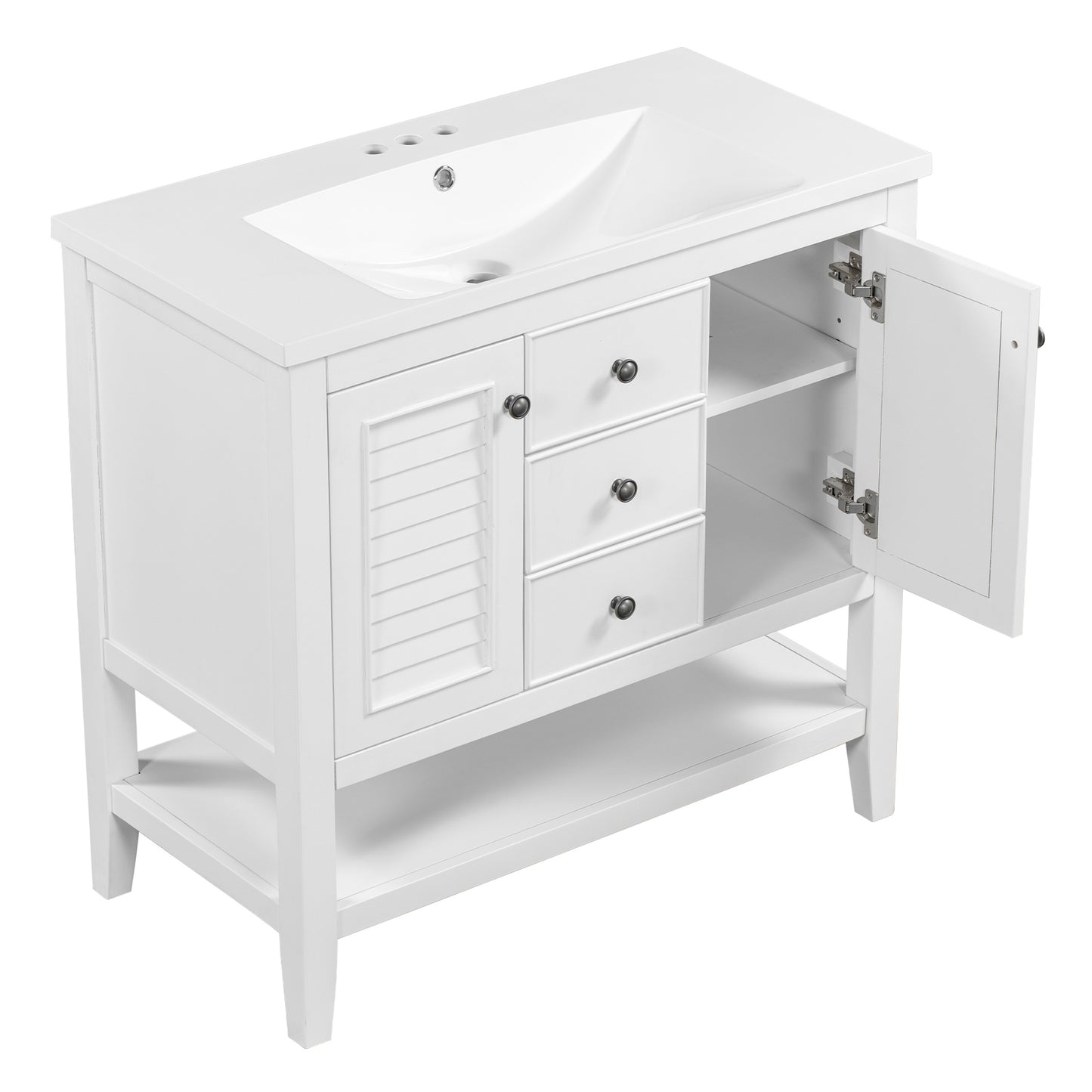 36" Bathroom Vanity with Ceramic Basin, Two Cabinets and Drawers, Open Shelf, Solid Wood Frame, White