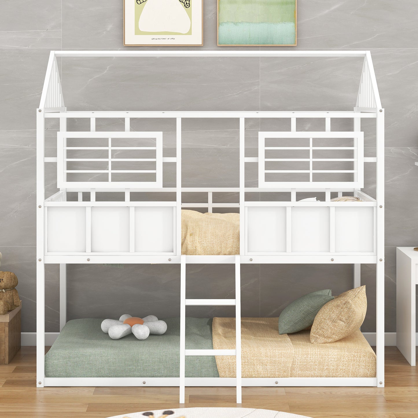 Rustic White Metal Twin Bunk Beds with Roof and Fence Guardrail