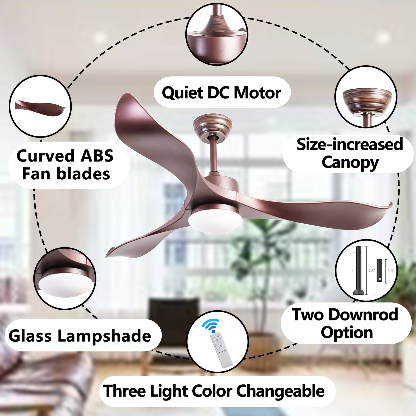 52-inch Ceiling Fan with Lights, 3 ABS Fan Blades, Classical Style Fan with Remote Control, Quiet Reversible DC Motor for Patio/Bedroom/Living Room