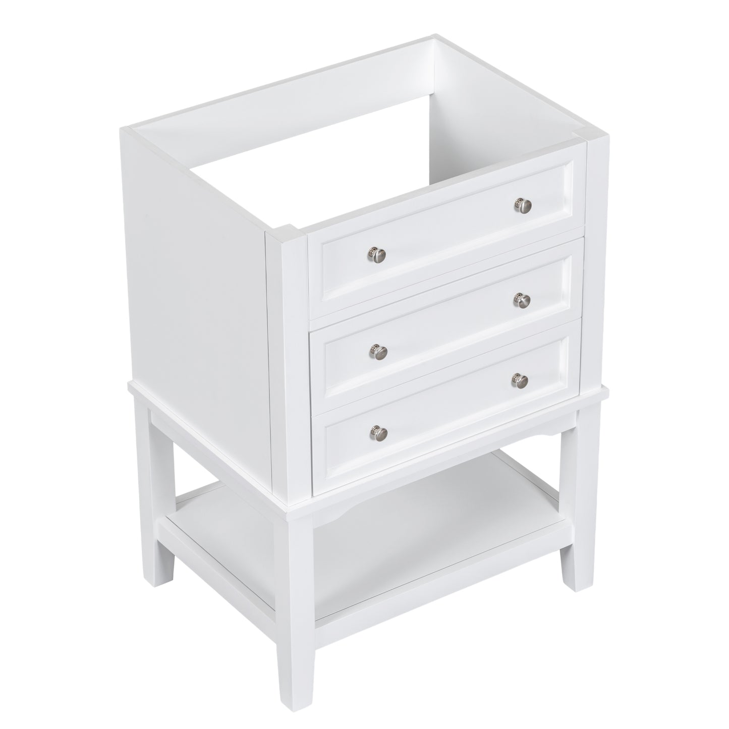 24" Bathroom Vanity Without Sink, Base Only, Solid Wood Frame, Bathroom Storage Cabinet with Drawer and Open Shelf, White