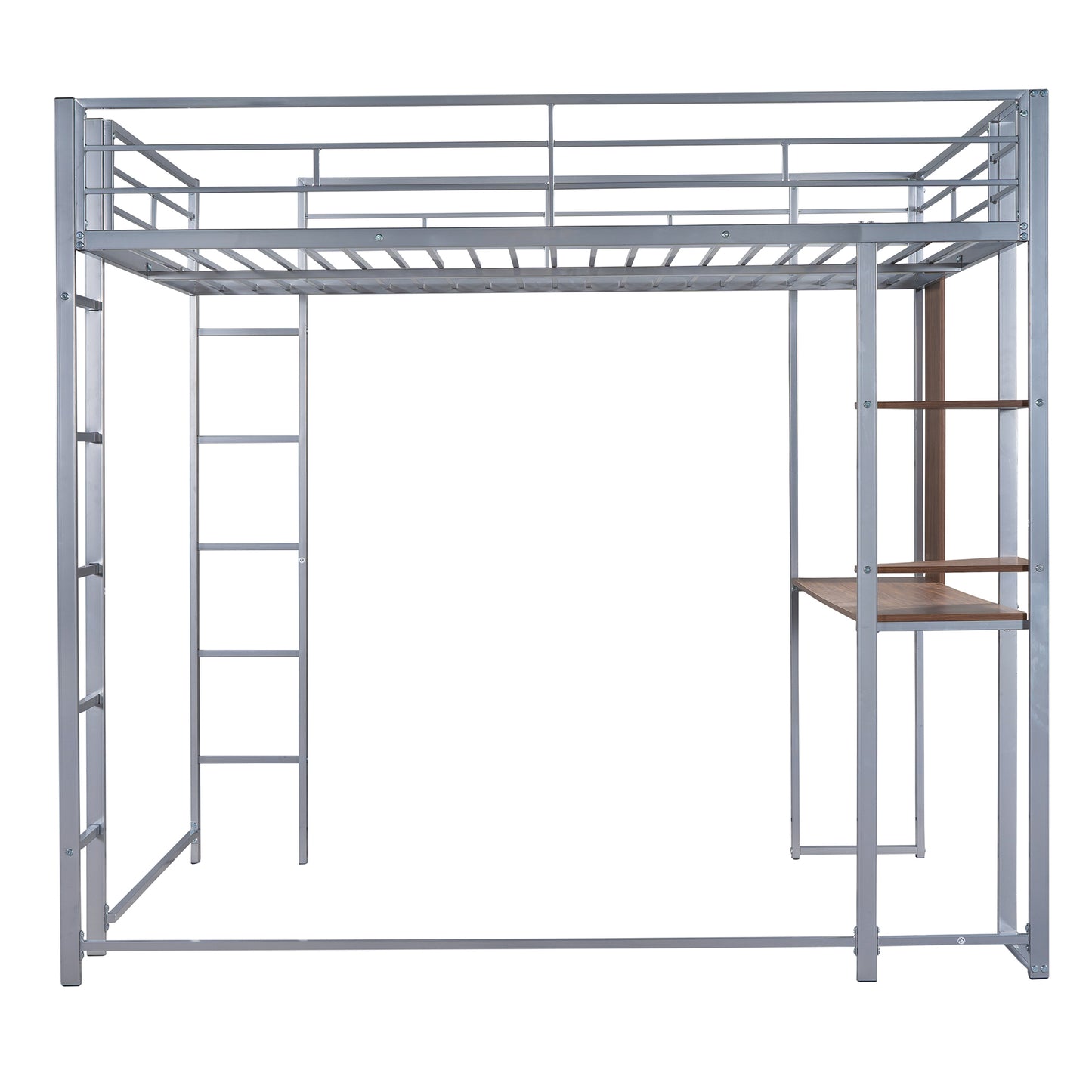 Full Size Metal Loft Bed with 2 Shelves and one Desk ,Silver