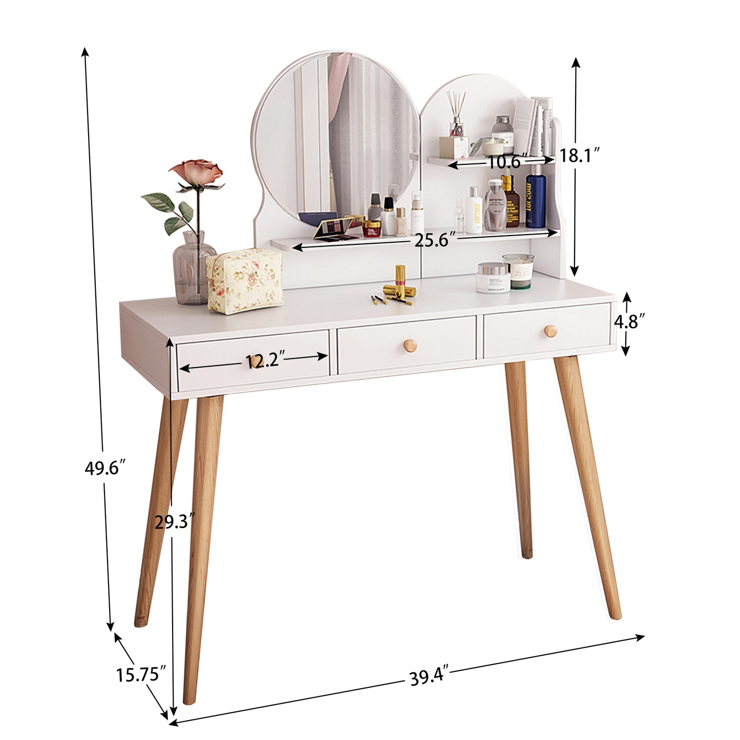 Fashion Vanity Desk with Mirror and Lights for Makeup Vanity Mirror with Lights  with 3 Color Lighting Brightness Adjustable, 3 Drawers, White   Color