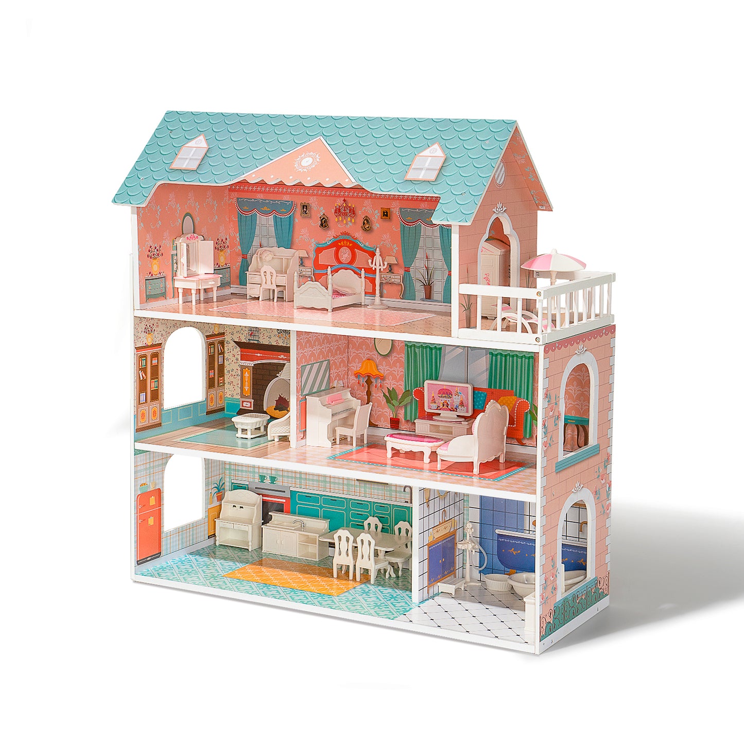 Colorful Modern Wooden Dollhouse with 28 Accessories for Kids 3+