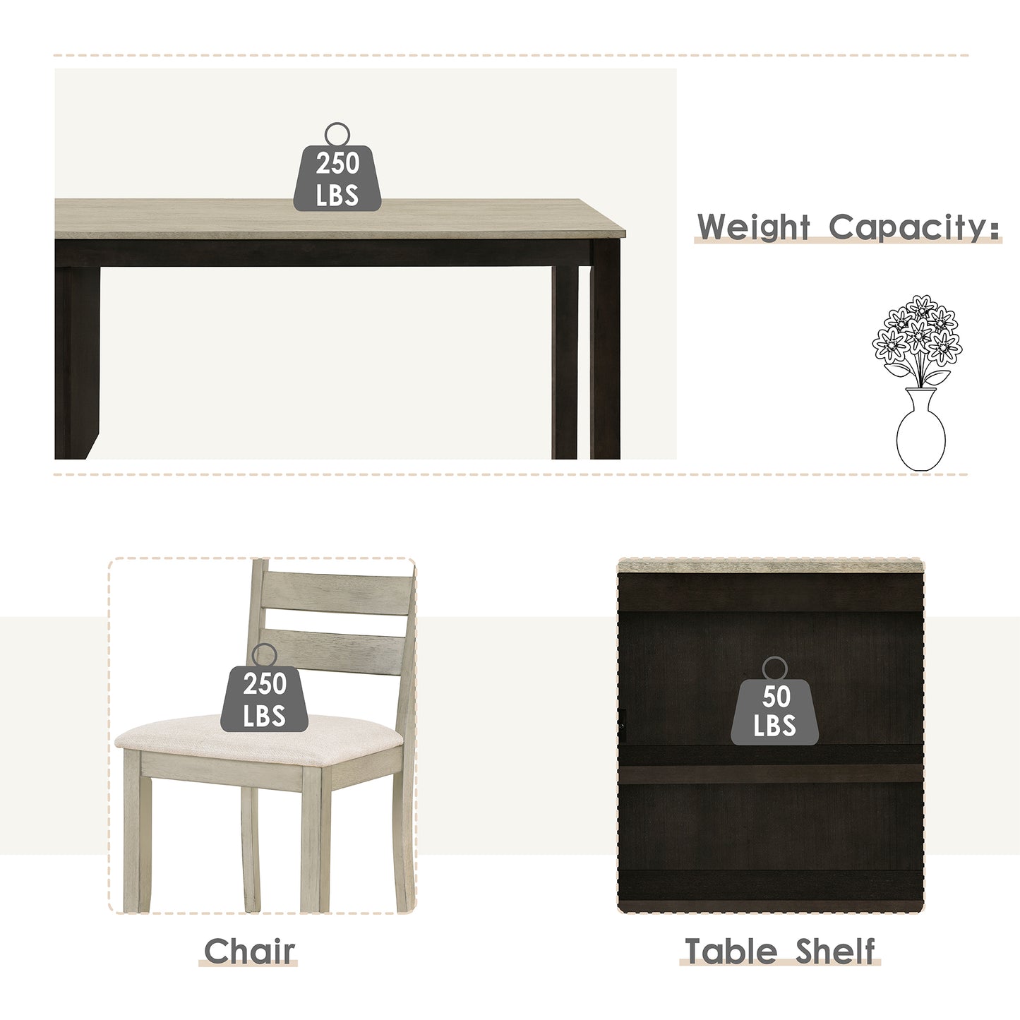 Farmhouse Wood 5-Piece Dining Table Set with 2-Tier Storage Shelves,Kitchen Set for 4 with Padded Dining Chairs, Beige