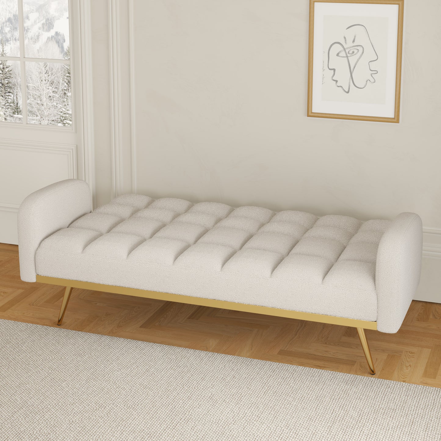 69-Inch Beige Sofa Bed with Adjustable Sofa, Teddy Fleece, and 2 Throw Pillows