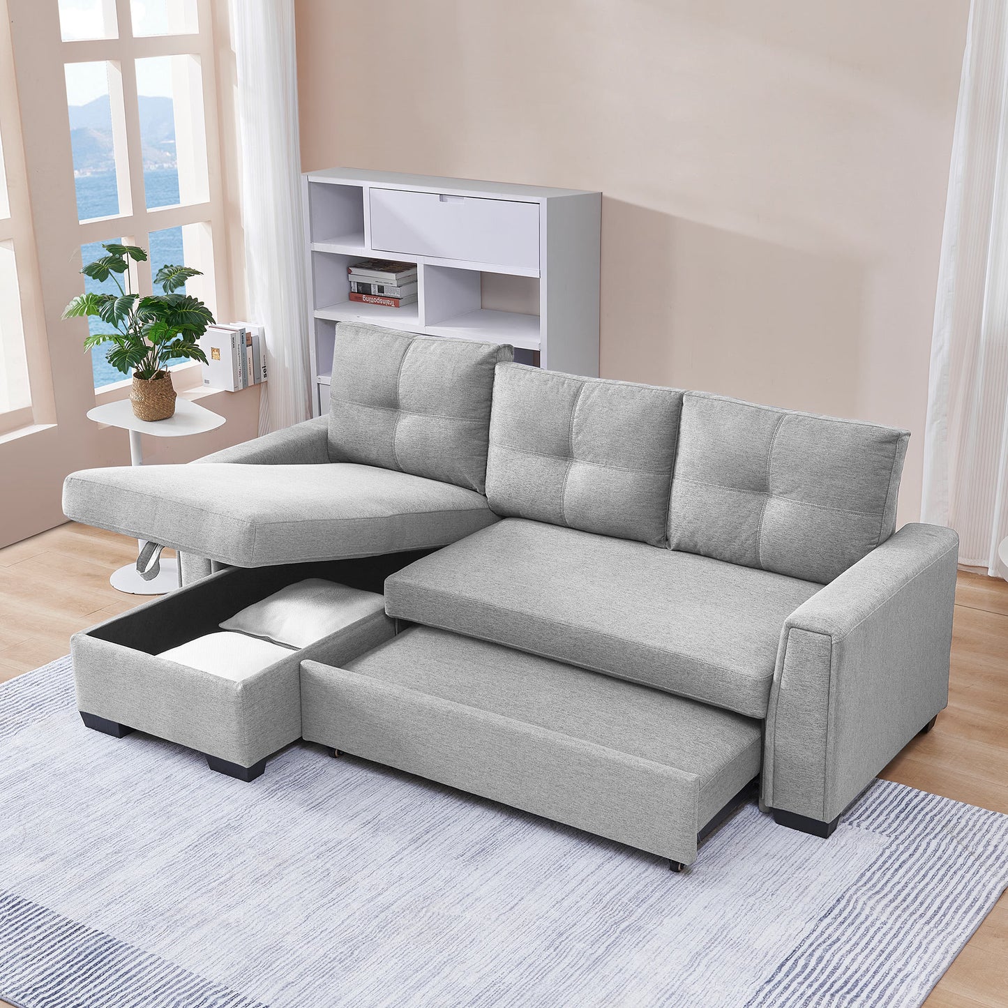 Modular Reversible Sleeper Sectional Sofa with Storage Chaise - Light Grey