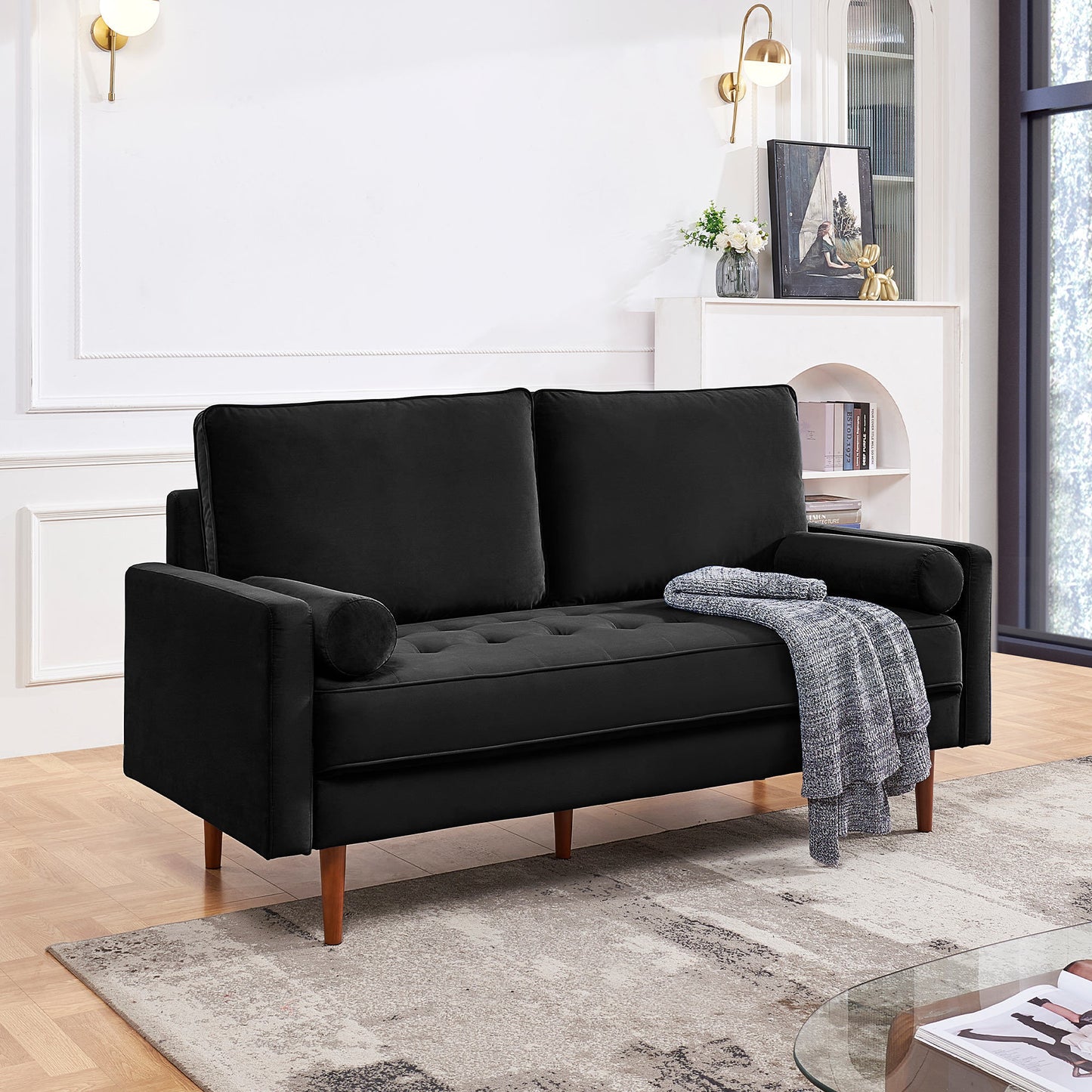 Modern Black Velvet Upholstered 3-Seater Sofa with Bolster Pillows