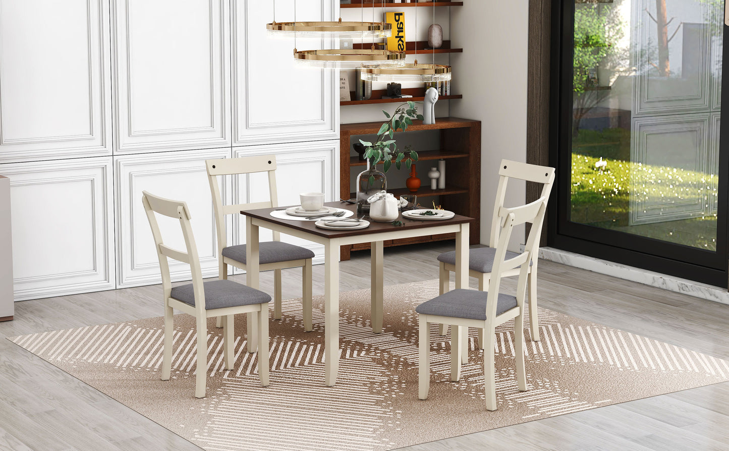 TREXM 5 Piece Dining Table Set Industrial Wooden Kitchen Table and 4 Chairs for Dining Room (Brown+Cottage White)