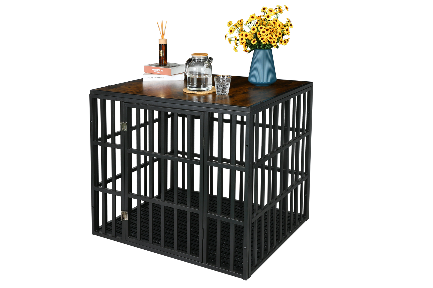 NEW HEAVY DUTY DOG CRATE FURNITURE FOR LARGE DOGS WOOD & STEEL DESIGN DOG CAGE INDOOR & OUTDOOR PET KENNEL 38X30X32INCH PET PLAYPEN WITH COVER METAL DOG FENCE CRATE BLACK