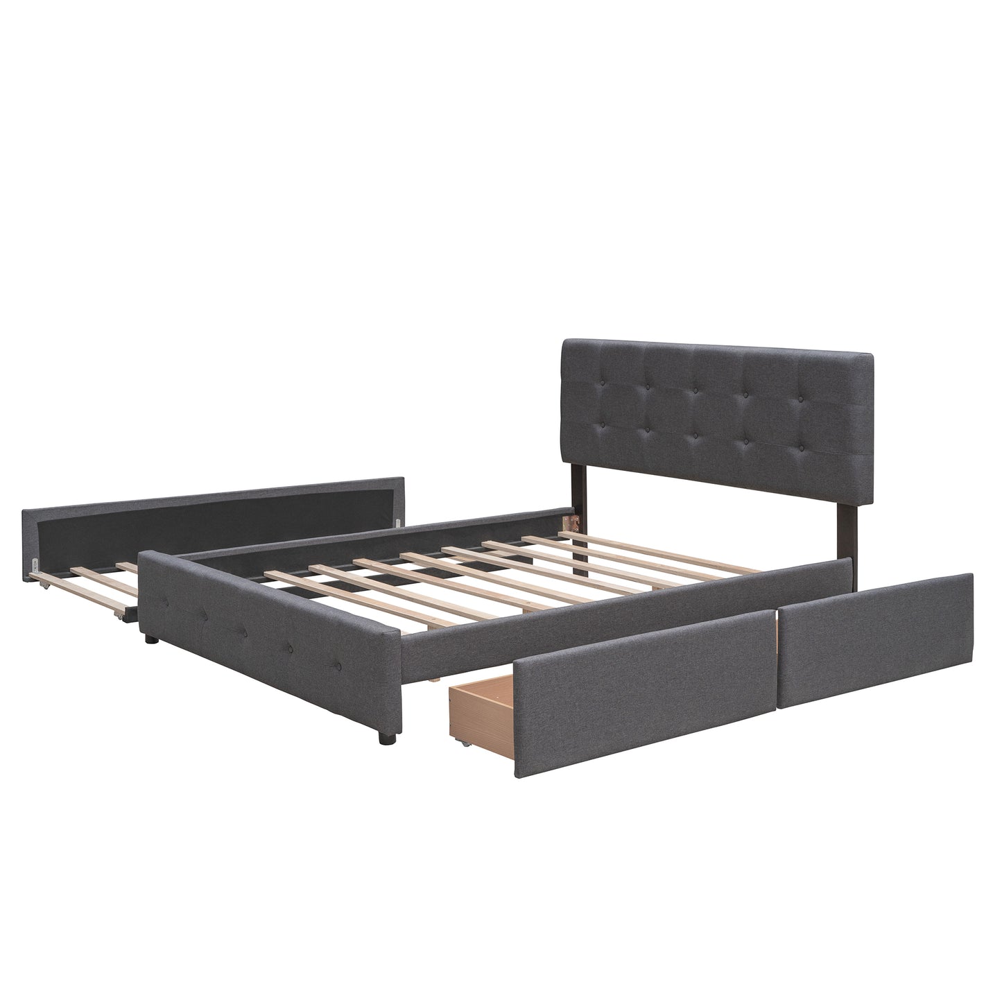 Upholstered Platform Bed with 2 Drawers and 1 Twin XL Trundle,  Linen Fabric, Queen Size - Dark Gray