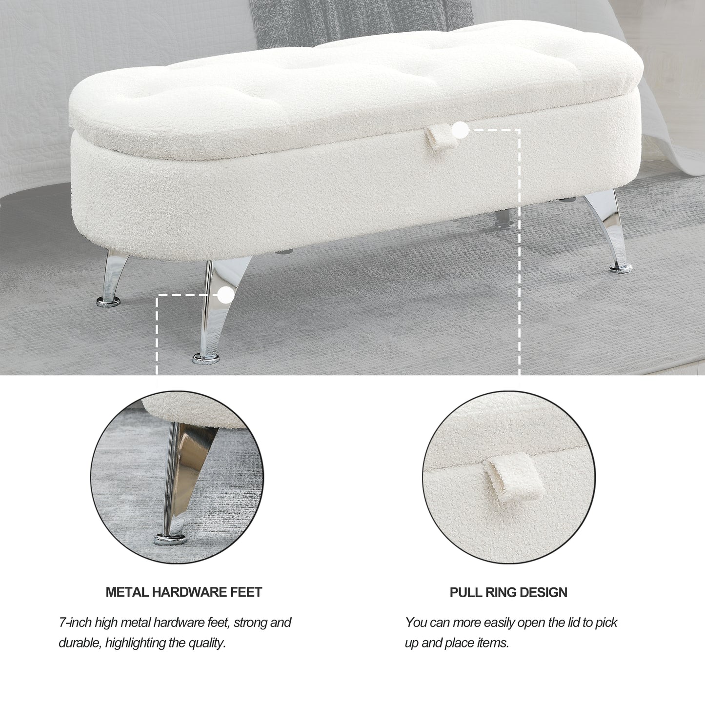 [Video] Welike Length 45.5 inches Storage Ottoman Bench Upholstered Fabric Storage Bench End of Bed Stool with Safety Hinge for Bedroom, Living Room, Entryway, Teddy White (Ivory)