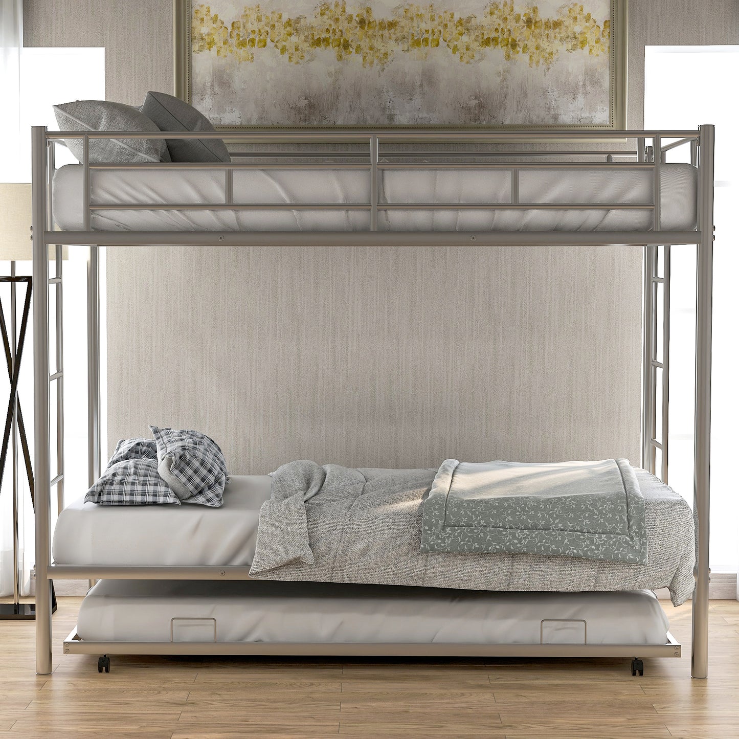 Silver Metal Twin Bunk Bed with Trundle - Smart Space-Saving Solution