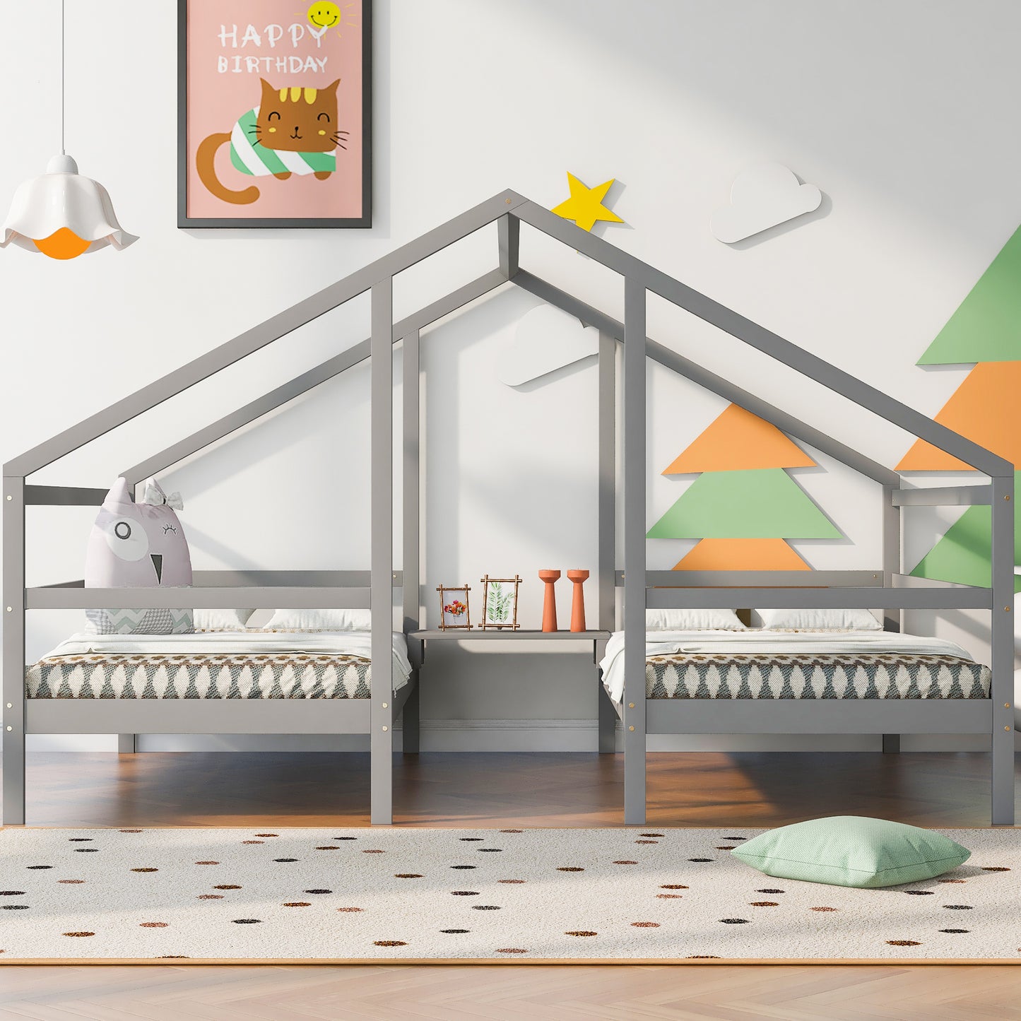 Double Twin Size Triangular House Beds with Built-in Table,Gray(: WF286895AAE)