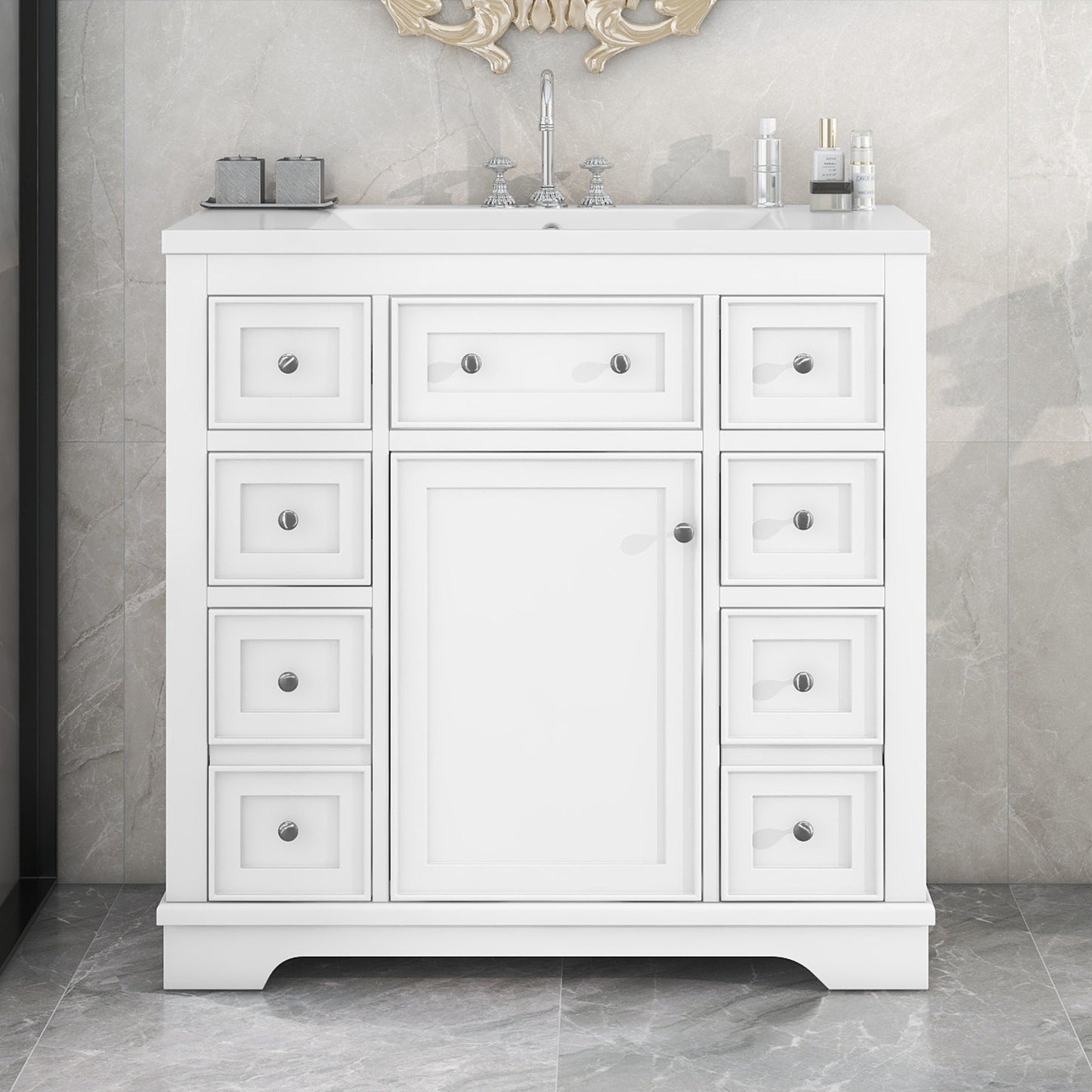 36" Bathroom Vanity with Sink Combo, One Cabinet and Six Drawers, Solid Wood and MDF Board, White