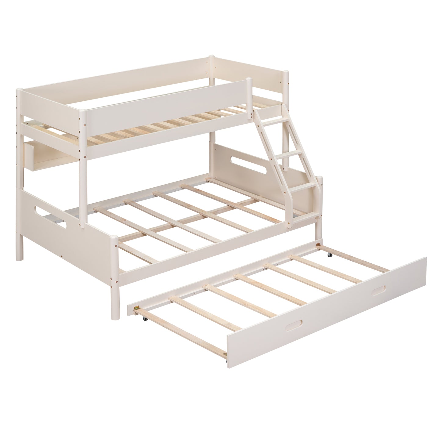 Cream Bunk Bed with Storage Shelves, Twin Trundle, and Solid Pine Construction