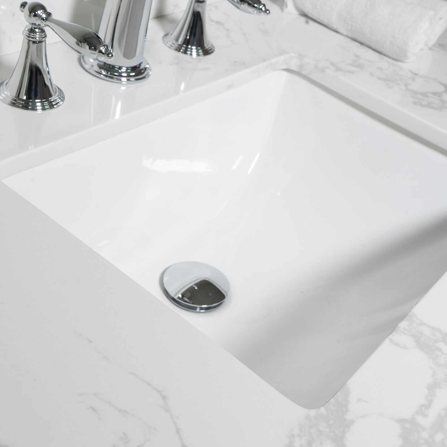 Montary 43x22 bathroom stone vanity top  engineered stone carrara white marble color with rectangle undermount ceramic sink and  3 faucet hole with back splash .